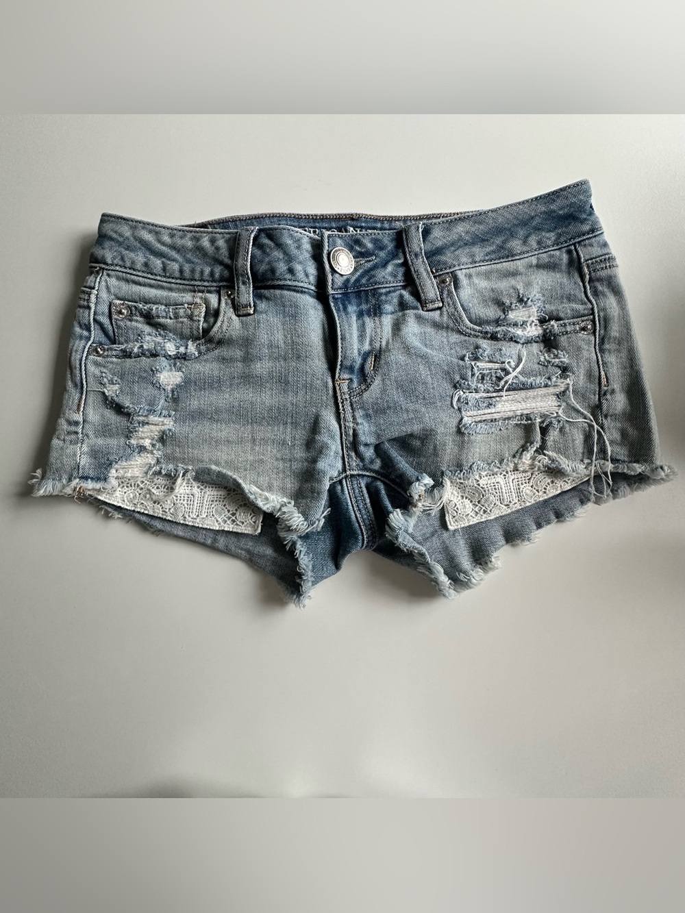 American Eagle Outfitters Light Blue Distressed Denim Shorts with Lace